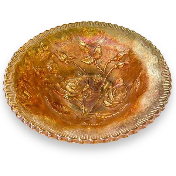 Iridescent Carnival Glass Bowl Orange Marigold Gold Fumed 9" Unmarked Vtg 50s - Picture 9 of 9
